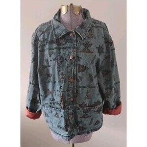 Vtg Chicos Chore Jean Jacket Southwestern Beaded Art to Wear 90s Sz 2 10/12